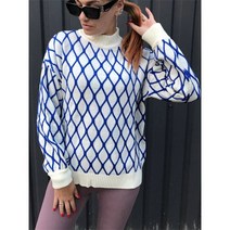 터틀넥 니트 목폴라 블루 체크 여성 가을 스웨터 모크넥 퍼프 소매 스트라이프