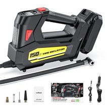 공기 펌프 150PSI 12V 무선 배터리핸디 오토바이 전동 에어펌프, [02] Yellow with Battery, [01] 유선 전기