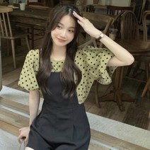 옷자락 여자 도트 배색 라운드 퍼프 밴딩 반팔 블라우스