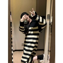 빅사이즈원피스세트 클래식 눈길을 끄는 오버핏 블러킹 줄무늬 브이넥 스웨터박스 간지나는 미드 롱니트원피스 2885944914