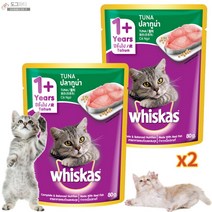 위스카스 파우치 고양이 주식 습식사료 참치 고등어 연어 닭고기 낱개 13종, 2개, 참치 (80g)