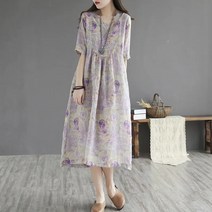 여성용 여성원피스 롱원피스 라운드넥 반팔 여름 빅사이즈 루즈핏 면 마 반팔 원피스