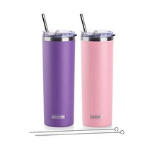 koodee 빨대 달린 591 5ml(20온스) 스키니 텀블러 스테인리스 스틸 이중벽 단열 슬림 여성 남성용 DIY 생일 선물 (퍼플) 미국직송, 2 Count (Pack of 1), 퍼플-핑크