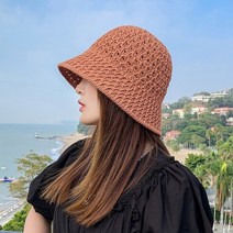와이드챙 제주감귤 모자 창큰 여성린넨 벙거지 새로운 솔리드 컬러 수제 크로 셰 뜨개질 플로피 탑 여름 중공 니트 돔 버킷 넓은 접이식 비치