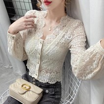 하객룩 블라우스 V 칼라 레이스 할로우 아웃 셔츠 여성용 긴 소매 쉬폰