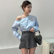 아우르 비대칭 오프숄더 블라우스 봄 캐주얼 데일리 셔츠 하이웨이스트 반바지 세트
