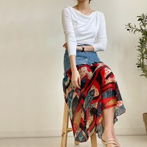 제이앤티 쉬폰 플라워 콤비 데님 롱스커트 벨트포함