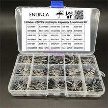 캐패시터 200 개몫 방사형 세트 15 값 10v 16v 25v 50v 0.1uf-220uf 전해 구색 키트 0.22uf 2.2uf 100uf, 없음