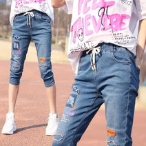 동대문스타일 여자 반바지 빈티지 덧댐구제 7부 밴딩 청반바지 여성반바지