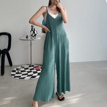 플리츠 브이넥 끈나시 와이드 점프수트