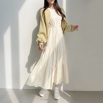 캉캉 티어드 허리 스트링 셔링 롱 면 원피스 3color