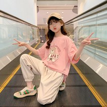 JUST FEEL!NG 주니어 여아 반팔티 바지 캐주얼 트레이닝 상하의 핑크 소녀 딸콤한 외출복 등원룩 여아여름상하복