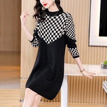채윤러브 chaeyoon love 체크무늬 라운드넥 빅사이즈 A라인 8부소매 니트 미디원피스