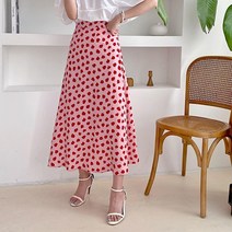 여자 빈티 땡땡이 프린트 배색 플레어 롱 스커트