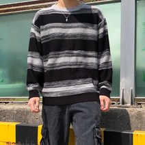 남녀공용 믹스 단가라 스트라이프 오버핏 니트 긴팔티셔츠 2색상