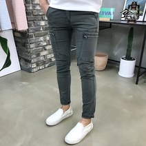 용된다 남자 지퍼 포켓 절개 슬림핏 카고 면바지