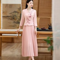 핑크 자수 여성 생활 개량 한복 법복 원피스 50대 중년 엄마 모임 무속인 하객 코디