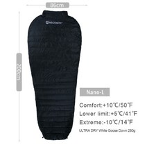 야외캠핑침낭 초경량 나일론 거위털 슬리핑백 이불 백패킹 겨울 군용, 나노 엘 블랙