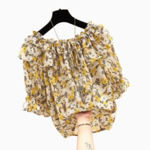 아이버리아[해외 직송]뉴타임즈 블라우스 여름 꽃무늬 블라우스 여성스러운 빅 사이즈 루즈핏 반팔 티셔츠 날씬해 보이는 상의 조세찬 서구풍의 블라우스 ST30 A28, 02 옐로우