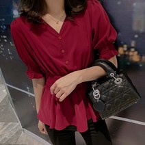 초이앤 샤방 러블리 퍼프 셔링 반팔 블라우스