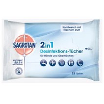 Sagrotan 자그로탄 소독 살균 멸균 청소 와이프 2 in 1 Disinfection wipes 15장입 6개, 1세트