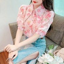 여름 상의 패션 중공업 스터드 팁넥 프린트 셔츠 기질 오버핏 날씬해 보이는 블라우스