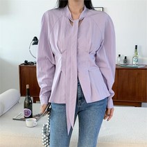[셀러허브잡화] 여자 타이블라우스 보우 브이넥 연보라 셔츠