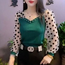 땡땡이 블라우스 여름 귀여운 스윗 물방울 무늬 거즈 스플라이스 블라우스 우아한 V넥 비즈 긴팔 슬림 셔
