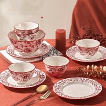 LOVFIR 레드 장미 도자기 식기 그릇 세트 1인 식기세트 4p 2인 식기세트 8p 4인 식기세트 20p 6인 식기세트 32p