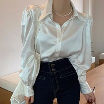 코발트 블루 셔츠 파란색 블라우스 남방 난방 퍼프 소매 루즈핏 새틴 버튼 라펠 용 화이트 신제품 세련된 상의 12635