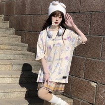[한손에요]일본 하라주쿠 귀여운 만화 Sanrio Cinnamoroll t-셔츠 여성용 짧은 소매 느슨한 의류 커플 미적 Y2k 탑, A, 특대호