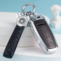 SHANGHONG 아우디 키 포브 커버 열쇠고리가 있는 천연 가죽 크리스탈 전체 보호 키 케이스 쉘 A6L A6 A7 A8 Q7 Q8 E-Tron 2018-2022 A3 S3, Model 2(black)