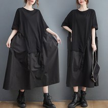 도니와 여성 블랙 소재 믹스 반팔 라운드넥 오버핏 편한 원피스 듀엣ZA131