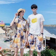 여름 커플룩 반팔 맨투맨 비치웨어 시밀러룩 바캉스룩 휴양지 하와이 비치 신혼여행