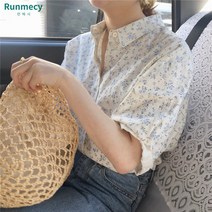 런메시Runmecy 플라워 브이넥 루즈핏 반팔 쉬폰블라우스