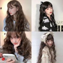 통가발 물결 웨이브 여자 롱 긴머리 드라이 인조모 가발 자연스러운 가르마 연출 헤어 셀프 패션 미용 소품 볼륨 고급 붙임 머리 앞 긴 뒷머리 옆머리 흰머리 새치 커버 단발 펌 위드, 블랙