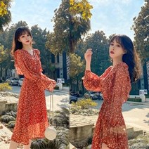 NewCare 여성 플라워원피스 브이넥 허리끈 쉬폰 롱원피스