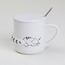 [쿡차 고양이 머그컵] 귀여운 홈카페 도자기 머그잔+머그 컵 뚜껑, 1개, 화이트-자냥