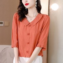 [이꾸띠] 인이션리 여름 2040 여성 버튼다운 카라 무지 시원한 면 마 소매 7부 2컬러 블라우스