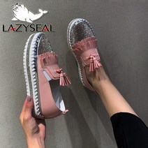 LazySeal-2021 프린지 로퍼 신발 여성 럭셔리 크리스탈 슬립 플랫폼 캐주얼 플랫 플러스 사이즈 43 힐 스니커즈 Mujer
