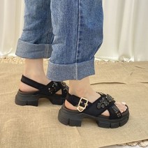 어글리 통굽 플랫폼 하이힐 큐빅 보석 스트랩 샌들 블랙 카키 5cm