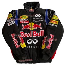 F1 레이싱 슈트 오토바이 타기 기관차 아메리칸 레트로 칼리지 스타일 레드 불 레이싱 자수 재킷 코튼 재킷, XXL, 검은색 두꺼운 단면(면 추가)