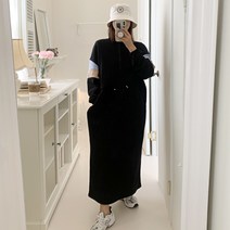 애플망고옷장 기모 겨울 빅사이즈 여성 루즈핏 긴팔 삼색배색 롱원피스 빅박스티셔츠