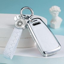 SHANGHONG 아우디 키 포브 커버 열쇠고리가 있는 천연 가죽 크리스탈 전체 보호 키 케이스 쉘 A6L A6 A7 A8 Q7 Q8 E-Tron 2018-2022 A3 S3, model 1(white)