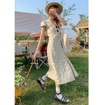 [국내당일배송] 행복마켓 브이넥 플라워 슬림핏 원피스002