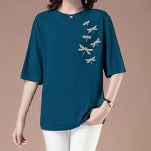 [L-5XL] PINKFUL 티셔츠 여성 여름 7부 티 자수 상의 박스티 순면 30대40대50대 오버사이즈 4XL 루즈핏 편한 보송 시원한 캐주얼 패션 데일리 단아한 이쁜