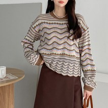 오오엘 여성용 펀칭 스카시 웨이브 4도스칼럽단R 라운드 니트