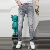 남자여름패션 2022 트렌드 스타일리쉬 개성 대미지 패치로 핫픽스 데님 바지 남성 슬림 얇은 스키니 롱 4997635791