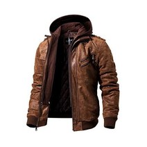 FLAVOR Men Brown 가죽 Motorcycle 자켓 with Removable Hood, Large