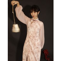 쉬폰원피스 Meowji 달콤한 스타일 남자-긴팔 개선 cheongsam 드레스 중간 길이 허리 핑크 쉬폰 여성 가을